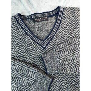 VTG Brandini Le Collezioni Sweater Mens L V-Neck Navy Tan Chevron Made Italy